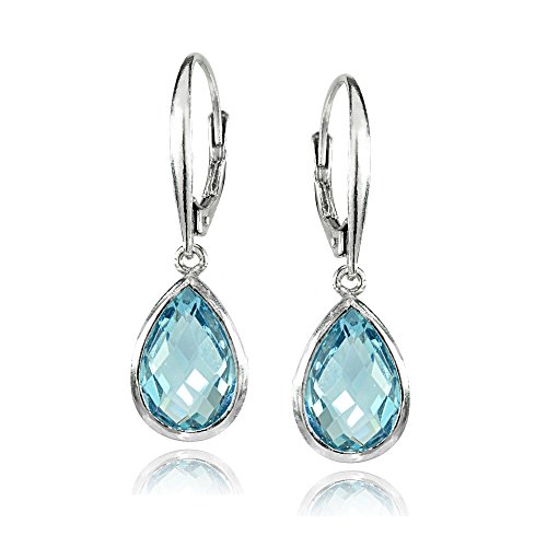 Sterling Silver Blue Topaz 12X8Mm Bezel-Set Pear Teardrop Dangle Leverback Earrings #TOP22
