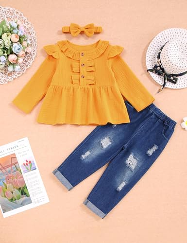 Image of Toddler Girl Clothes Long Sleeve Ruffle Dress Top and Jeans Pants Toddler Girl Fall Outfits
