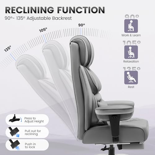 Image of BestGlory Office Desk Chair, Big and Tall Leather Gaming Chair with Footrest, Wide Ergonomic Comfy Executive High-Back Reclining Computer Chairs, Swivel Rolling Wheels and Padded Lumbar Support, Gray