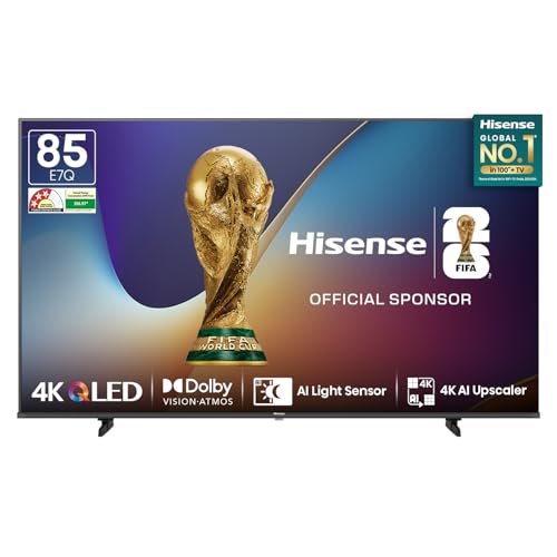 Hisense 215 cm (85 Inches) 4K Ultra HD Smart QLED TV | Dolby Vision Atmos, HDR10+ | 30W Powerful Speaker | AI 4K Upscaler | ALLM | MEMC | HDR 10+Decoding | Voice Control | VIDAA OS | 85E7Q (Black)