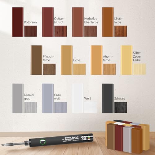 Herenear Laminat Reparaturset, Parkett Vinylboden Holz Fliesen Reparaturset Wachsschmelzer mit Bildschirmanzeige, 11 Farben Hartwachs für Holzkitt Loch Ausbessern Möbel Arbeitsplattet Reparatur Set