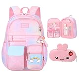 Pink Kawaii Backpack Starry Rainbow Bookbag Cute Large Capacity Backpack Multifunction Fashion Casual Laptop Travel Bag For Girl (Pink-17inch)