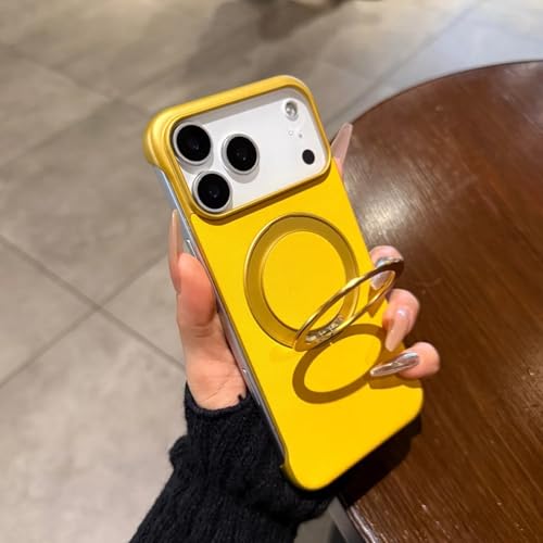 Coque magnétique iPhone 15 Pro cuir PU jaune avec anneau rotatif invisible