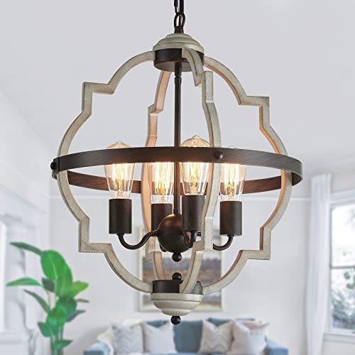 Meixisue Rustic Farmhouse Chandelier,Orb+Oak Finish,4-Light Vintage Antique Chandeliers Pendant Light Fixtures For Kitchen Dining Room Living Room Entryway Foyer Ul Listed #TOP30
