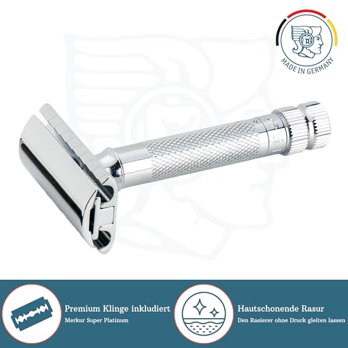 Image of MERKUR 34 Adjustable 2-Piece Double-Edge Safety Razor for Men in Bright Chrome with Standard Handle and Closed Comb - Adjustable Blade Gap, Made in Germany