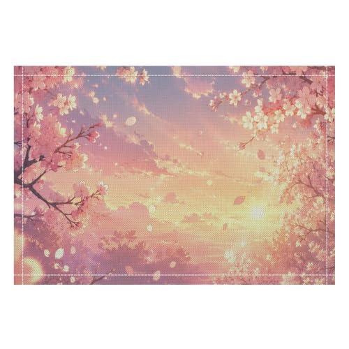 Cherry Blossoms At Sunset Glow Linen Placemats Set of 1PCS, 12 X 18 Inch Heat Resistant Washable Non Slip Reusable Table Mats for Kitchen Home Restaurant Wedding Holiday Decor