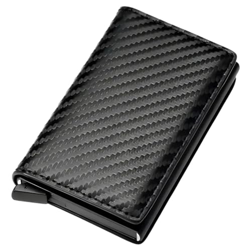 Carteira Masculina Antifurto RFID Couro Sintético Fibra de Carbono com Botão Ejetor de Cartões Preta