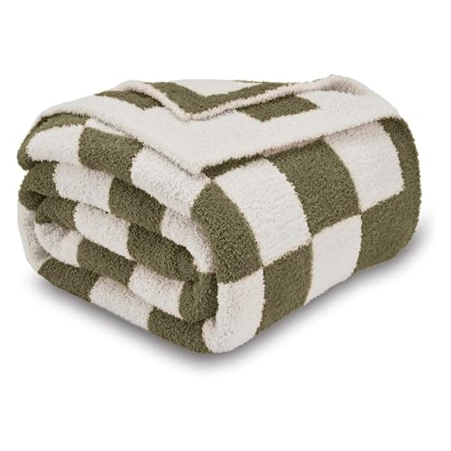 Image of CozeCube Olive Green White Reversible Checkered Knit Throw Blanket 50 inchx60 inch