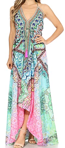 Image of Sakkas Lizi Womens Maxi High-Low Halter Handkerchief Long Dress Beach Party