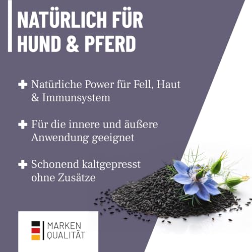 ReaVET Schwarzkümmelöl für Hunde & Pferde 500ml, Kaltgepresst aus echter Schwarzkümmelsaat Nigella Sativa, Reines Schwarzkümmel Öl zur Fellpflege & Fütterung mit Omega-6 & Omega-9