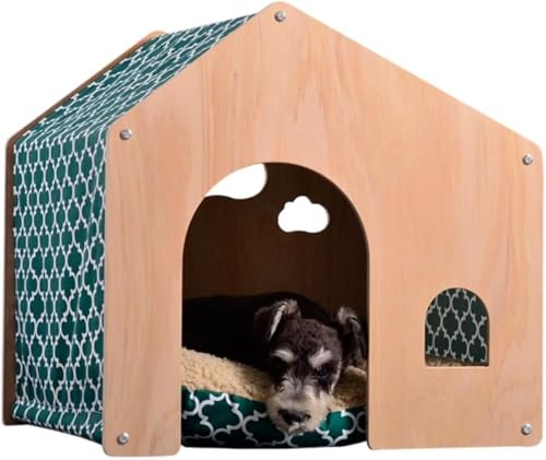Vilom 天然木製ペットハウス 犬・猫用 ベッド付き 室内用 ペット小屋 半密閉型 通気性 快適 頑丈 ナチュラルデザイン 多機能 ペット家具 ホームインテリア (グリーン)
