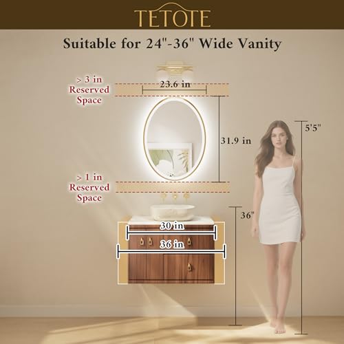 TETOTE Gold Oval Led Mirror with Lights 24" x 32" Metal Framed Oval Lighted Bathroom Vanity Mirror Wall Mounted, Front and Backlit 3 Color Stepless Dimmable Anti Fog, Shatterproof, CRI 90+ by TETOTE - Image 9