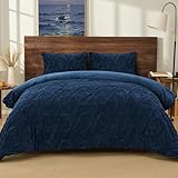 PHF Warm Sherpa Fleece Queen Comforter Set, 3D Tufted Fluffy Navy Blue Bedding for Winter, Soft 3 Pieces Shaggy Bed Set, 1 Comforter (90'x90') and 2 Pillowcases (20'x26')