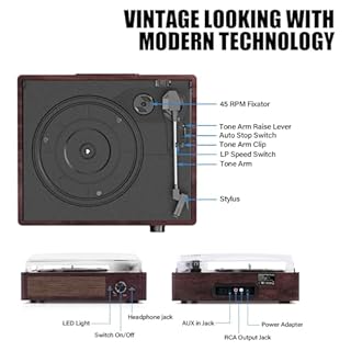 Giradischi Bluetooth Portatile a Tre Velocità (33 1/3, 45 E 78 Giri), Vintage Vinile Giradischi con Altoparlanti Stereo Integrati, supporta uscita RCA/Jack per cuffie Marrone