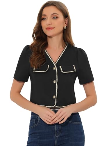 Allegra K Tweed Jacket for Women's Cropped Collarless Contrast Trim Short Sleeve Blazer