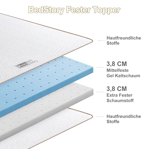 BedStory Topper 180x200cm, 7,5cm Zwei Härtegrade H5&H6 Gel Topper hart mit Abnehmbarem und Waschbarem Bezug, Atmungsaktiver und Bequemer Matratzentopper für Boxspringbett Unbequeme Betten Schlafsofa