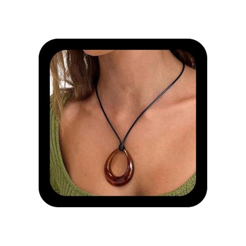 Ximdble Vintage Black Leather Choker Hollow Teardrop Pendant Necklace Brown Acrylic Waterdrop Necklace Black Suede Clavicle Chain Boho Resin Statement Necklace Jewelry for Women