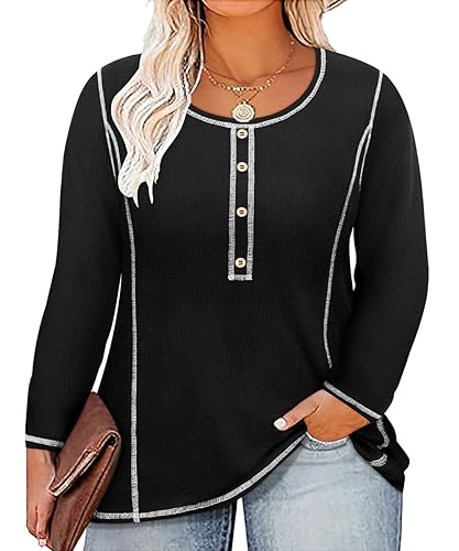 CARCOS Plus Size Tops for Women Long Sleeve Raglan V Neck T Shirts Tunic Fall Blouse Xl-5Xl 14W -28W