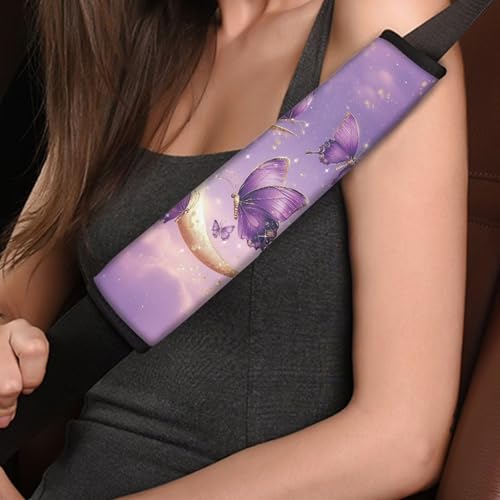 Image of AFPANQZ Purple Butterfly Moon Universal Safety Seat Belt Cover 2 Pack Truck Vans Sedans SUVs Seat Belt Pad Cushion for Women Girls Comfortable Shoulder Protectors
