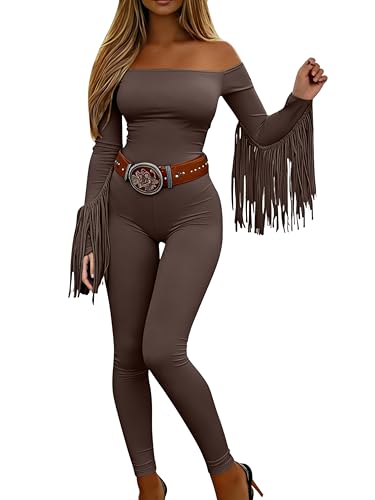 KWSTAIN Brown Tassel Jumpsuit for Women Fall Winter Stretchy Off