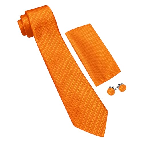 Image of Barry.Wang Solid Striped Tie for Men Silk Necktie Pocket Square Cufflinks Formal Wedding Party Business
