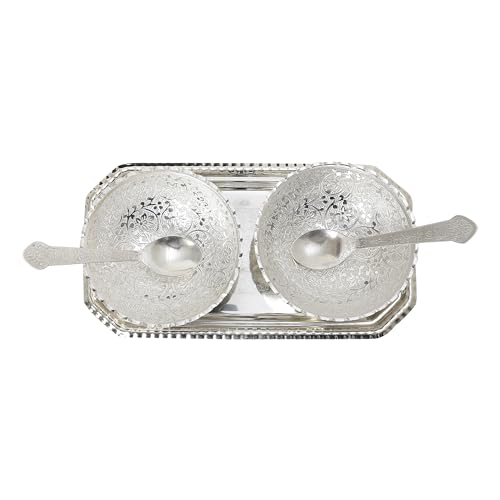INTERNATIONAL GIFT® German Silver Round Bowl Spoon Tray Or Carry Bag with Happy Raksha Bandhan Tag | German Silver Metal Suitable for Gifting, Serving, Home Décor and Pooja