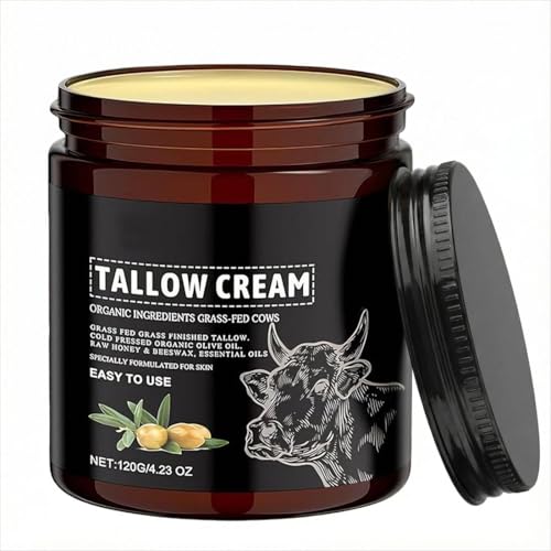 Beef Tallow Creme Bio & Gras-gefüttert – Rindertalg Feuchtigkeitscreme mit Honig & Bienenwachs | Aufgeschlagen, unparfümiert, öl- und duftfrei | Gesicht & Körper | 120g for Dry Skin
