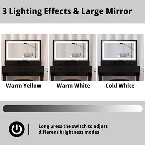 image for LIKIMIO Vanity Desk with LED Lighted Mirror & Power Outlet & 4 Drawers