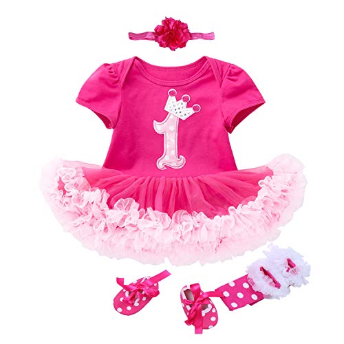 BabyPreg Baby Girls 4PCs Crown Pattern 1st Birthday Tutu Dress Headband Shoes (6-9 Months,Short Hot Pink)