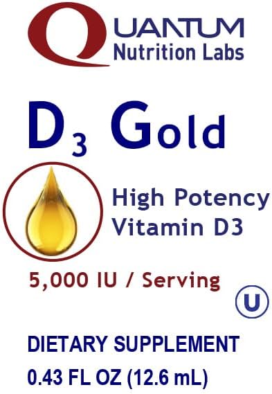 Miniatura 5 de Quantum D3 Gold - Gotas líquidas de vitamina D3 - Apoya los dientes, la fuerza ósea y un apoyo inmunológico óptimo* - Vitamina D3 1,000 UI por gota