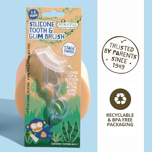 Image of Jack N' Jill Stage 3 Silicone Kids Toothbrush, Chewable, Pack of 1 | Toddler Tooth & Gum Brush Ages 2-5 Years, Double Sided Soft Bristles, For Sensitive Gums, 100% Food-Grade Silicone