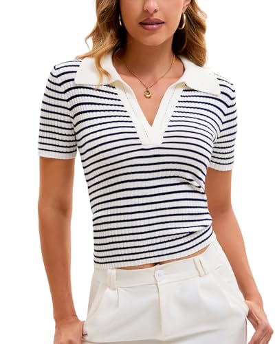 Cioatin Women Short Sleeve Striped Knit Polo Crop Shirt Tops Vintage Collar V Neck Slim Fit T-Shirt Aesthetic Going Out2