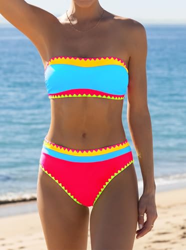 popvil Women's Strapless Bikini Sets Neon Color Block Bandeau Swimsuits Two Piece Bathing Suits for Beach Vacation 20254