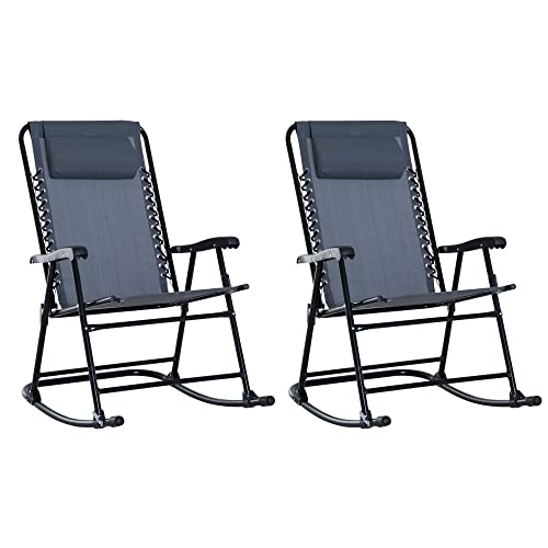 Oversized Folding Rocking Camping Chair Set of 2, Outdoor Rockers with Headrests, Zero Gravity Bungee Lawn Chairs for 2 Adults, Gray