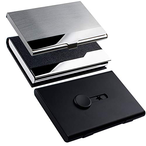 Kisswill 3 Pack Business Card Holders, Thumb-Drive Business Card Case And Leather Card Case With Magnetic Shut And Slim Metal Card Case, Excellent Design For Men And Women #TOP21