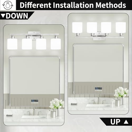 Image of 4 Light Bathroom Light Fixtures, Anti-Rust Finish Brushed Nickel Vanity Lights for Bathroom with Milky White Frosted Glass Shade for Mirror Bedroom Living Room E26 Base
