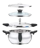 Tabakh by Vinod 18/8 Stainless Steel Outer Lid Magic Pressure Cooker - 3.5 L with Pressure Cooker Lid, Straining Lid and Glass lid (Induction and Gas Stove Friendly), Silver