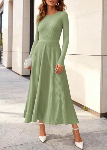 KIRUNDO Women Sweater Dress Holiday Ribbed Knit Long Sleeve Slimming Maxi Dress Fall Pleated Elegant A Line Winter Dresses(Light Green, Large) — view 2