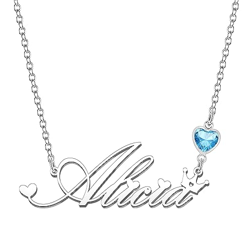 Kraven Collar Nombre Acero Colgante de Piedra de Nacimiento Azul Collar Regalos Personalizados para Mujer Cumpleaño Navidad Día de Madre San valentín (Alicia)