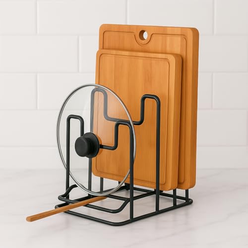 Image of Pan & Pot Lid Organizer Rack - Multifunctional Cookware for Cabinet, Pantry Chopping Board Holder, Space-Saving Kitchen Organizer, Black (L-6.25 x W-9.25 x H-9.25 Inches M-RACK)