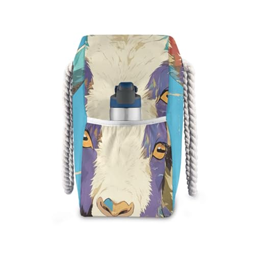 Vintage Colorful Goat Sandproof Totes For Women with side pocketes Large Beach Bag for Travel Gym Vacation3