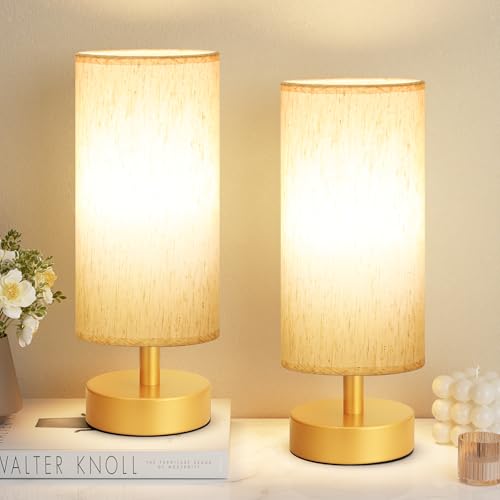 Image of Table Lamps Set of 2 (Cream Shade- Gold Base, 11.6 inch Inline Control) | Bulb not Included | Small Lamps for Bedroom | Desk Lamp for Reading | for Living Room | for Dorm | Linen Fabric Shade