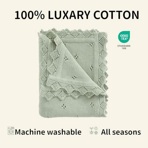 Image of mimixiong Cotton Baby Blanket Knitted Crochet Receiving Crib | Nursery Swaddling Blankets for Newborn Baby Boy Girl Sage Green 30x40 Inch