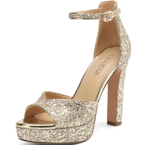 Image of TEAIEUI Pearl Platform Heels for Women, Peep Open Toe Block Heeled Sandals | 4.7 Inch Chunky High Heels, Wedding Shoes with Ankle Strap, Bridal Sandals, for Party, Prom, Evening