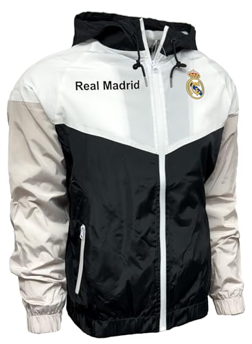 Real Madrid Windbreaker Jacket, Licensed Real M. Lightweight Waterproof Hooded Rain Jacket
