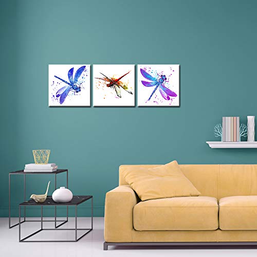 Iknow Foto 3Pcs Modern Art Beautiful Dragonfly Art Canvas Wall Print Watercolor Paintings Insect Nature Pictures Giclee Artwork Stretched And Framed Ready To Hang For Home Decoration 12X12Inchx3Pcs #TOP4