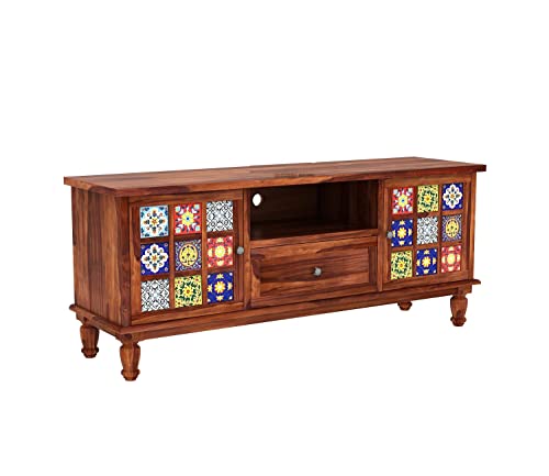 Image of Solid Wood TV Unit for Living Room 55 Inch Furniture - Wooden TV Unit with Storage Cabinet with 1 Drawr, 3 Shelves Wooden TV Cabinet for Living Room - Fits up to 55-Inch TV (Weston)