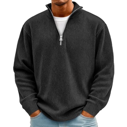 Men’s Corduroy Fit Quarter Zip Jumper, 1/4 Zip Pullover Sweater, Smart Casual Knitwear for Men, Classic Zip Neck Pullover black L