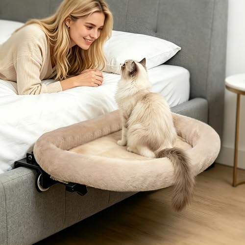 IPOW Heavy Duty Steel Frame 180Rotating Cat Bedside Bed Semi-Circular Cat Bed for Bedside Soft Faux Rabbit Fur Material Suitable for Various Desktops-Maximum Hold Up to 40lb