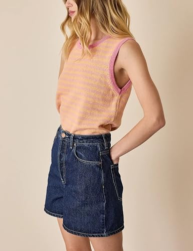 Image of Hongsui Women's Striped Color Block Sweater Vest Ribbed Knit Tank Tops Oversized Crewneck Pullover